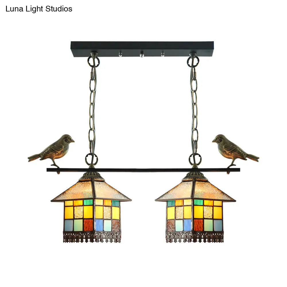 DecorBites™ Blue/Clear Tiffany Style Pendant Light - 2 Heads Living Room Island Hanging Lamp with Stainless Glass Shade