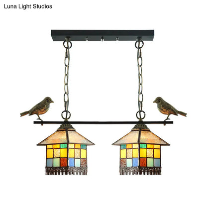 DecorBites™ Blue/Clear Tiffany Style Pendant Light - 2 Heads Living Room Island Hanging Lamp with Stainless Glass Shade