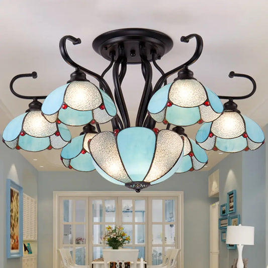 Lámpara de techo DecorBites™ azul/transparente estilo Tiffany con borde festoneado - Semiempotrada de varias luces