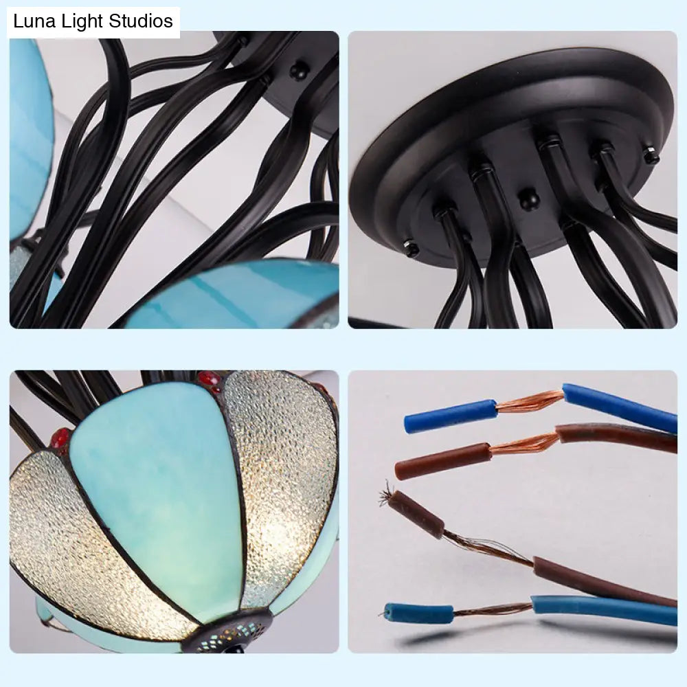 Lámpara de techo DecorBites™ azul/transparente estilo Tiffany con borde festoneado - Semiempotrada de varias luces