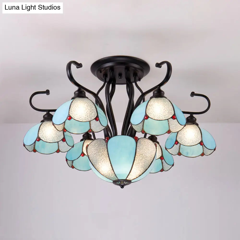 Lámpara de techo DecorBites™ azul/transparente estilo Tiffany con borde festoneado - Semiempotrada de varias luces