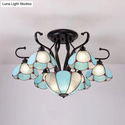 Lámpara de techo DecorBites™ azul/transparente estilo Tiffany con borde festoneado - Semiempotrada de varias luces