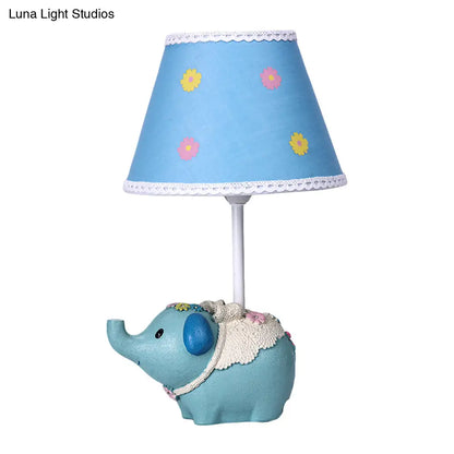 Blue Cone Desk Light with Flower Pattern - Kids Fabric Table Lamp, Elephant Base