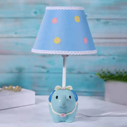 Blue Cone Desk Light with Flower Pattern - Kids Fabric Table Lamp, Elephant Base