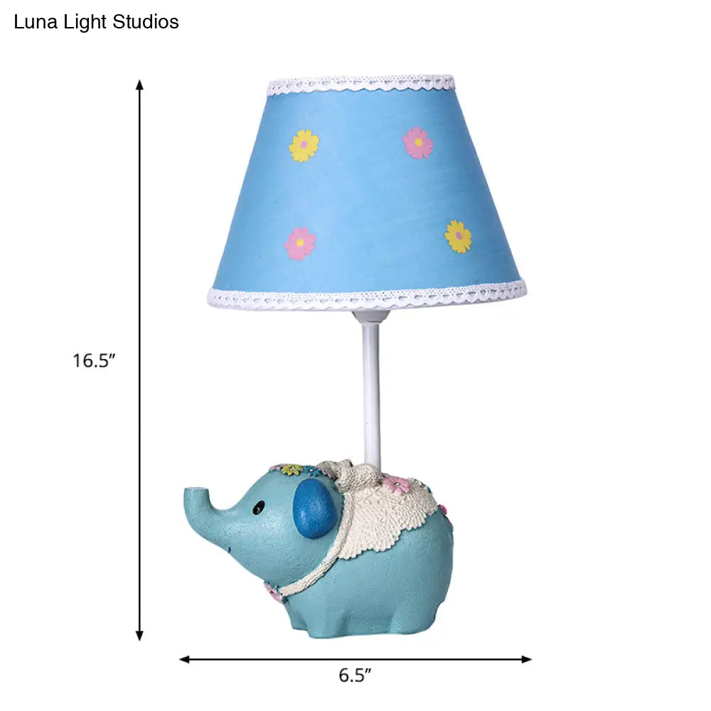 Blue Cone Desk Light with Flower Pattern - Kids Fabric Table Lamp, Elephant Base