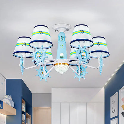 DecorBites™ DecorBites™ Blue Cone Shade Fabric Chandelier - Kid's 6-Light Semi Flush Ceiling Mount with Playful Rudder Decoration