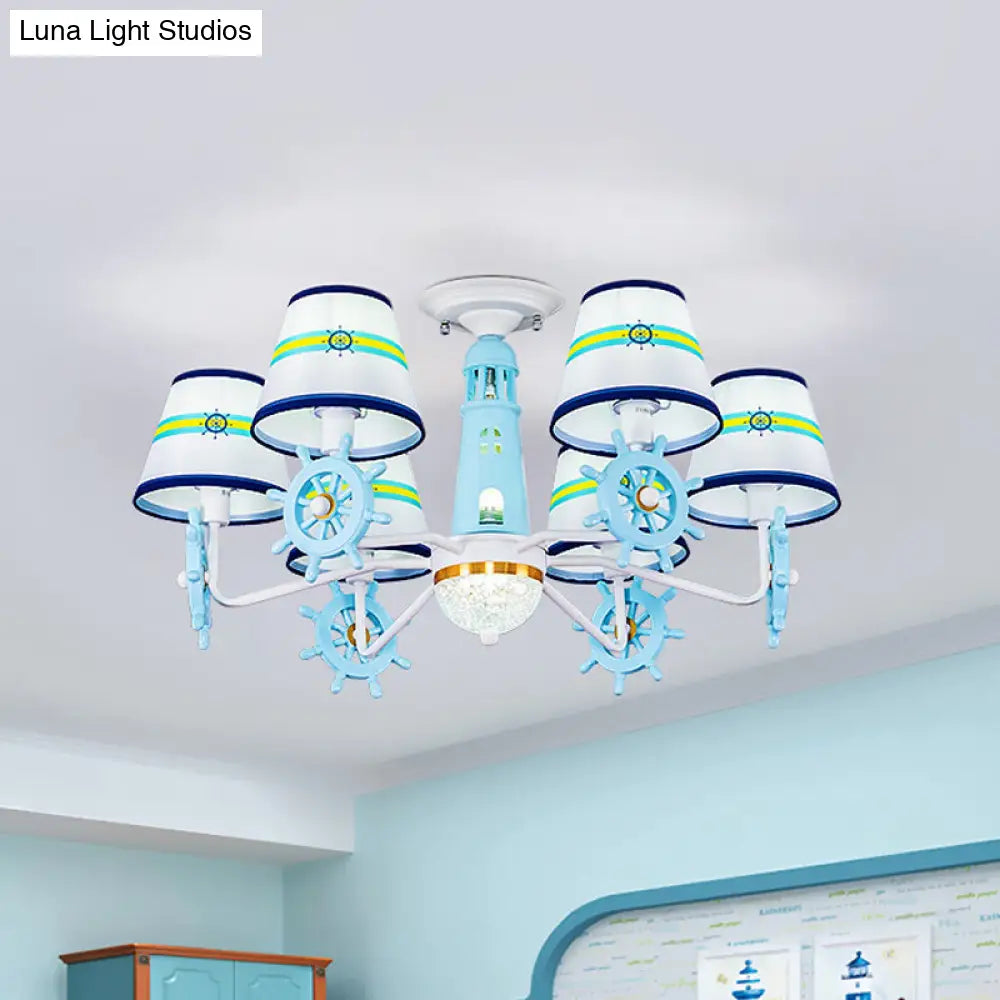 DecorBites™ DecorBites™ Blue Cone Shade Fabric Chandelier - Kid's 6-Light Semi Flush Ceiling Mount with Playful Rudder Decoration