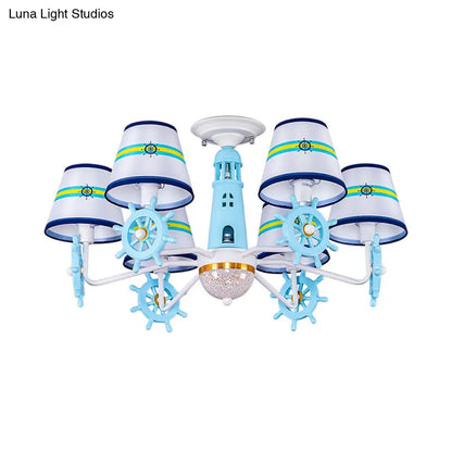 DecorBites™ DecorBites™ Blue Cone Shade Fabric Chandelier - Kid's 6-Light Semi Flush Ceiling Mount with Playful Rudder Decoration