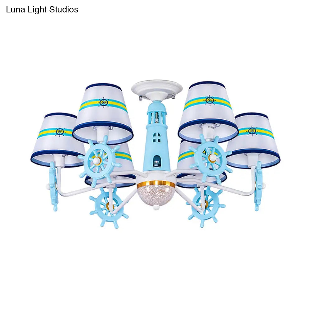 DecorBites™ DecorBites™ Blue Cone Shade Fabric Chandelier - Kid's 6-Light Semi Flush Ceiling Mount with Playful Rudder Decoration
