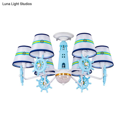 DecorBites™ DecorBites™ Blue Cone Shade Fabric Chandelier - Kid's 6-Light Semi Flush Ceiling Mount with Playful Rudder Decoration