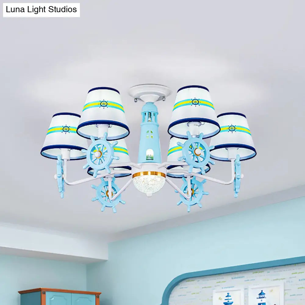 DecorBites™ DecorBites™ Blue Cone Shade Fabric Chandelier - Kid's 6-Light Semi Flush Ceiling Mount with Playful Rudder Decoration