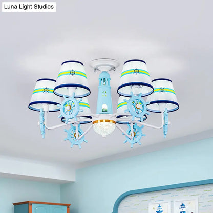 DecorBites™ DecorBites™ Blue Cone Shade Fabric Chandelier - Kid's 6-Light Semi Flush Ceiling Mount with Playful Rudder Decoration