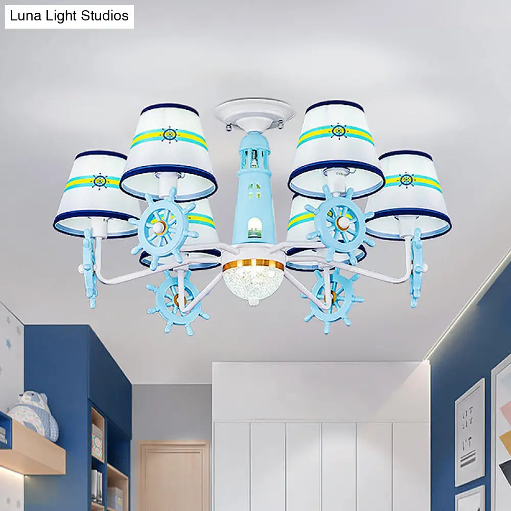 DecorBites™ DecorBites™ Blue Cone Shade Fabric Chandelier - Kid's 6-Light Semi Flush Ceiling Mount with Playful Rudder Decoration