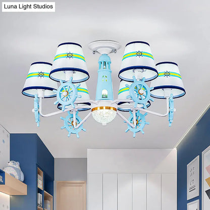 DecorBites™ DecorBites™ Blue Cone Shade Fabric Chandelier - Kid's 6-Light Semi Flush Ceiling Mount with Playful Rudder Decoration