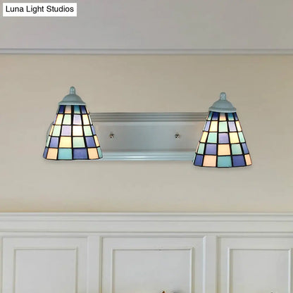 Blue Conical Glass Wall Sconce with Grid Pattern and 2 Heads - Baroque Style