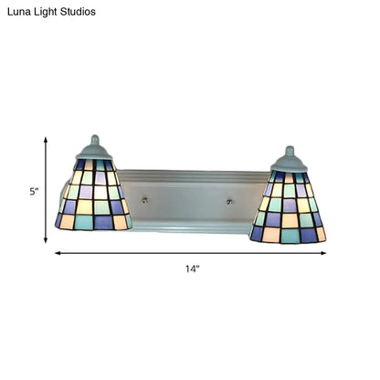 Blue Conical Glass Wall Sconce with Grid Pattern and 2 Heads - Baroque Style