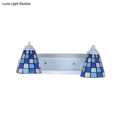 Blue Conical Glass Wall Sconce with Grid Pattern and 2 Heads - Baroque Style