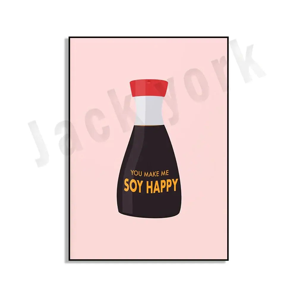Black soy sauce bottle with red and white cap and gold lettering you make me soy happy in decorbites blue cool beans wall art set