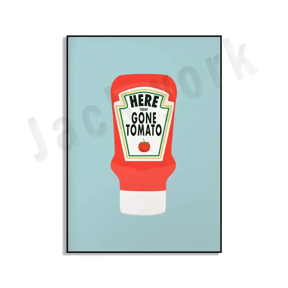Red and white heinz ketchup bottle illustration with here today gone tomato label in blue cool beans pesto pasta wall art set