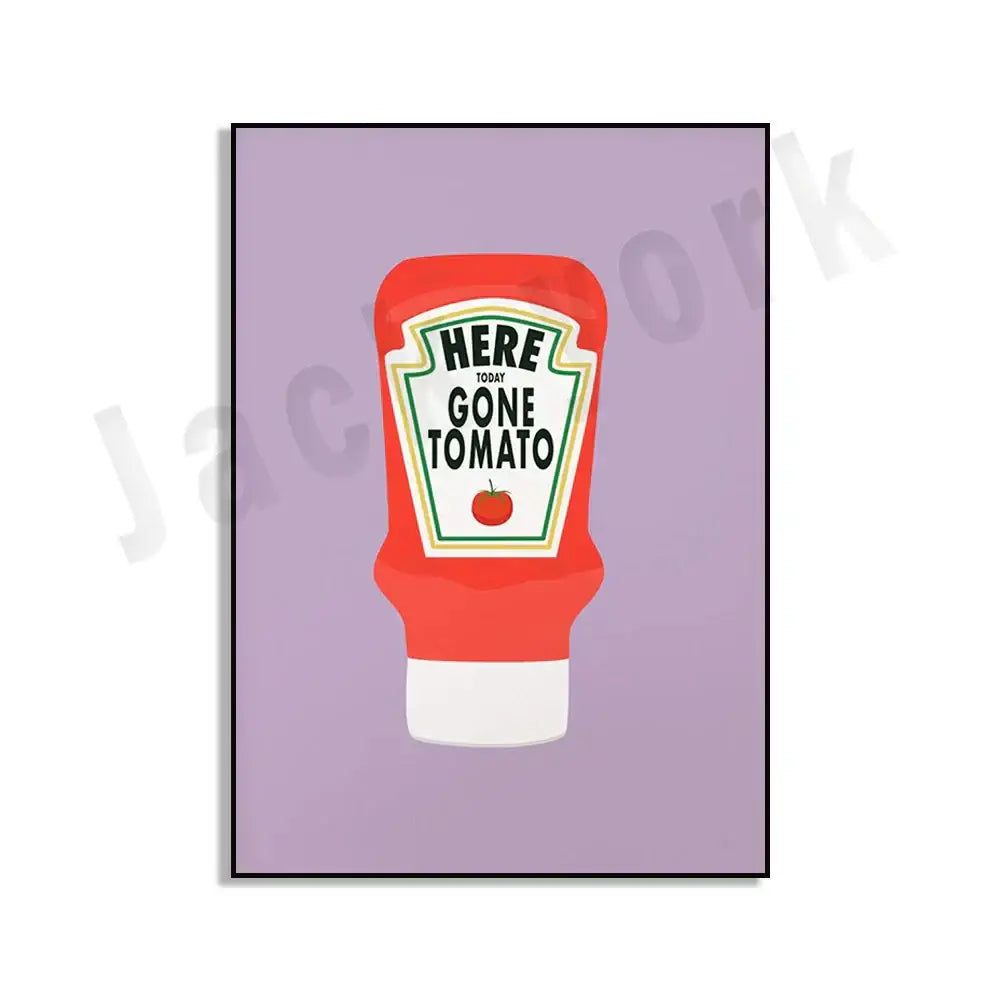Red and white tomato ketchup bottle art print in blue cool beans framed kitchen wall decorbites blue cool set of 6
