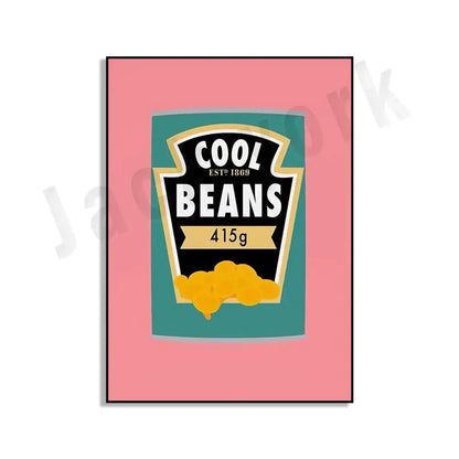 Retro-style framed blue cool beans kitchen wall art with black white text and gold trim for decorbites cool beans pesto