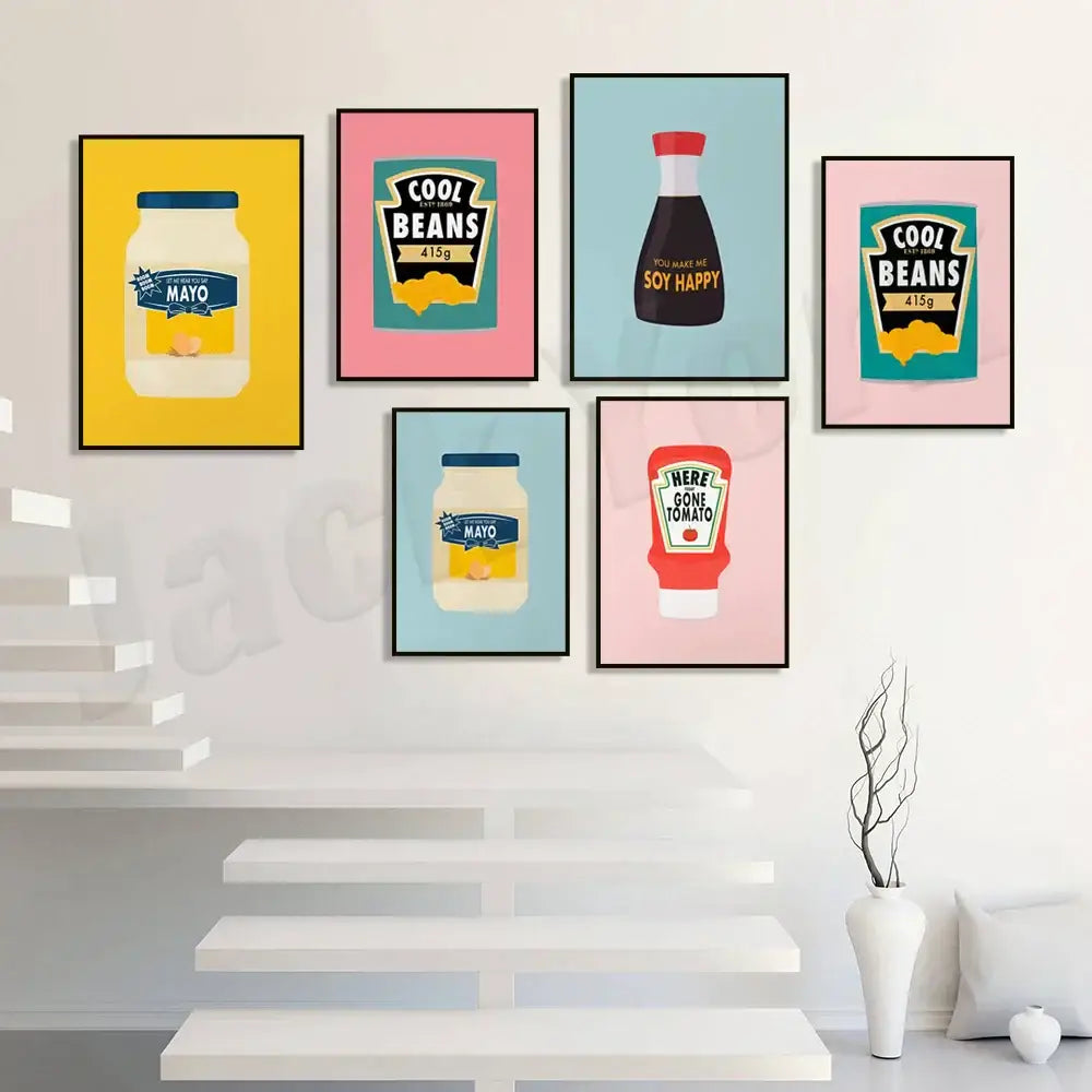 Set of six colorful framed posters featuring illustrated condiment bottles for blue cool beans kitchen decorbites wall art