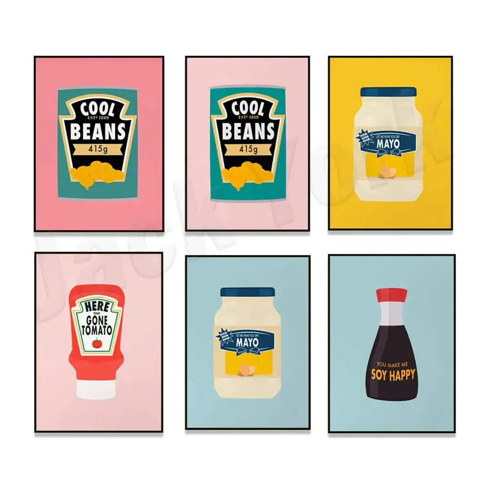Set of six retro-style kitchen wall art featuring blue cool beans and cool beans pesto designs on colorful backgrounds