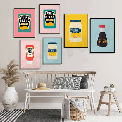 Set of six colorful framed posters featuring decorbites blue cool beans and cool beans pesto kitchen wall art