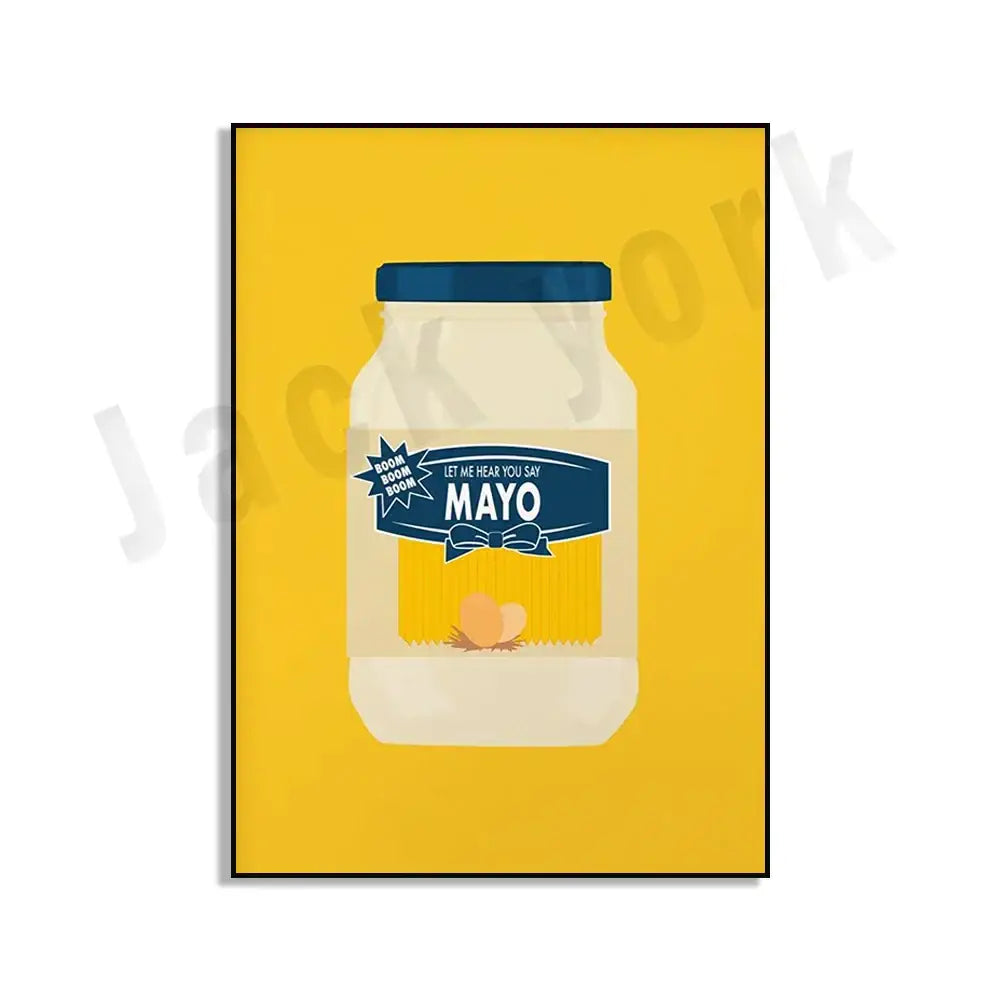 A stylized illustration of a mayonnaise jar with blue lid and label in decorbites blue cool beans pesto pasta wall art set