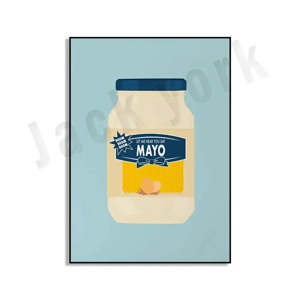 Stylized illustration of a mayonnaise jar with navy blue lid in the decorbites blue cool beans pesto pasta kitchen wall art set