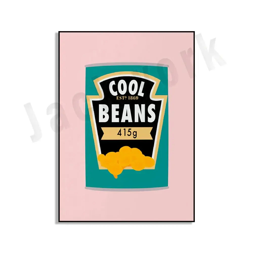 A stylized illustration of a blue cool beans can with teal black branding and yellow beans for decorbites blue cool wall art