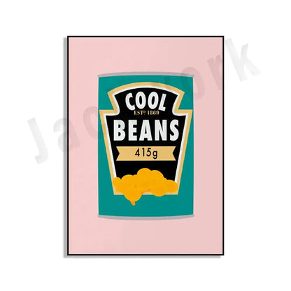 A stylized illustration of a blue cool beans can with teal black branding and yellow beans for decorbites blue cool wall art