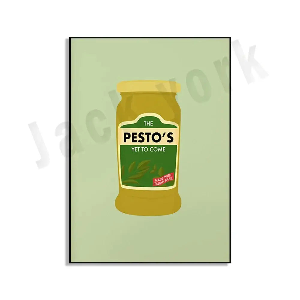 A stylized illustration of a yellow jar with olive leaf design in decorbites blue cool beans pesto pasta kitchen wall art set