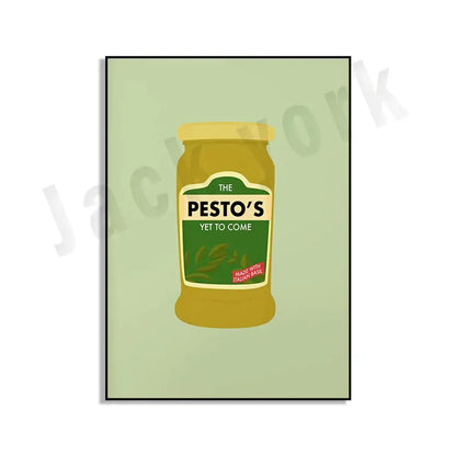 A stylized illustration of a yellow jar with olive leaf design in decorbites blue cool beans pesto pasta kitchen wall art set