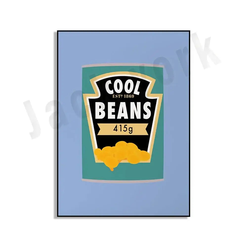 Teal and black illustrated cool beans can poster with gold trim featuring blue cool beans logo for kitchen wall decorbites blue cool