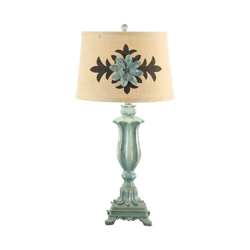 Blue Countryside Flower Patterned Table Lamp with Single-Bulb and Round Fabric Shade