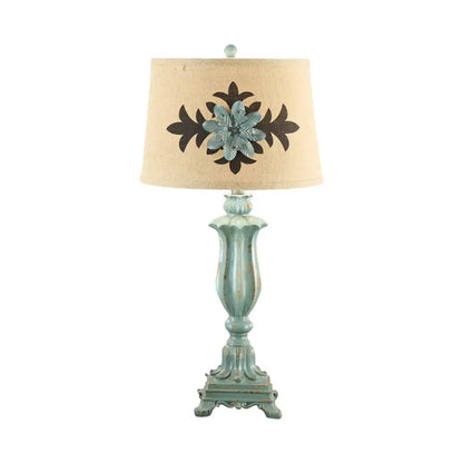 Blue Countryside Flower Patterned Table Lamp with Single-Bulb and Round Fabric Shade