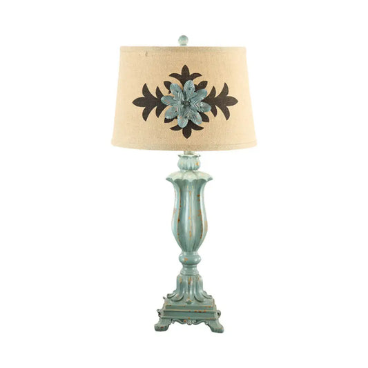 Blue Countryside Flower Patterned Table Lamp with Single-Bulb and Round Fabric Shade