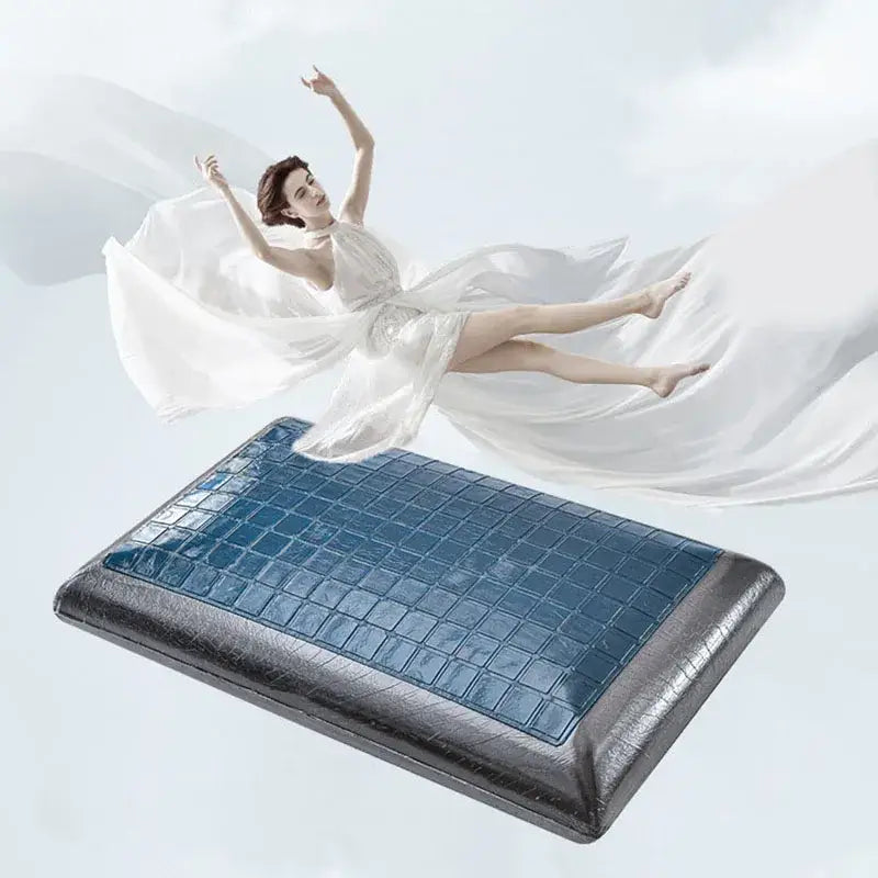 Blue and black textured cooling mattress pad with grid pattern featuring bamboo charcoal memory foam for bedroom comfort