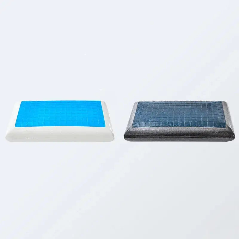 Two memory foam pillows with blue gel cooling surface and dark gray decorbites bamboo charcoal memory foam design