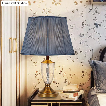 Blue Crystal Nightstand Lamp with Pleated Shade - Rural Style Bedroom Table Light