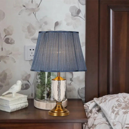 Blue Crystal Nightstand Lamp with Pleated Shade - Rural Style Bedroom Table Light