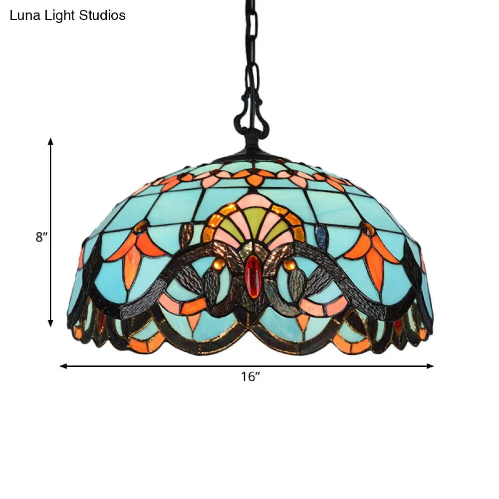 Blue Cut Glass Pendant Light Kit - 12"/16" W, Domed, 1 Light, Mediterranean Style