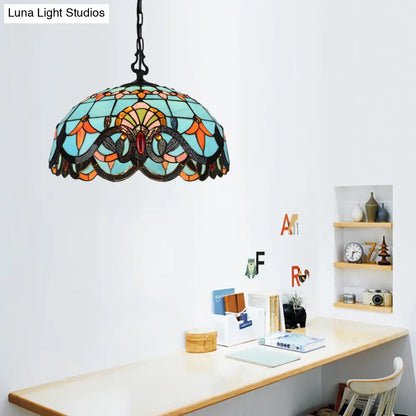 Blue Cut Glass Pendant Light Kit - 12"/16" W, Domed, 1 Light, Mediterranean Style