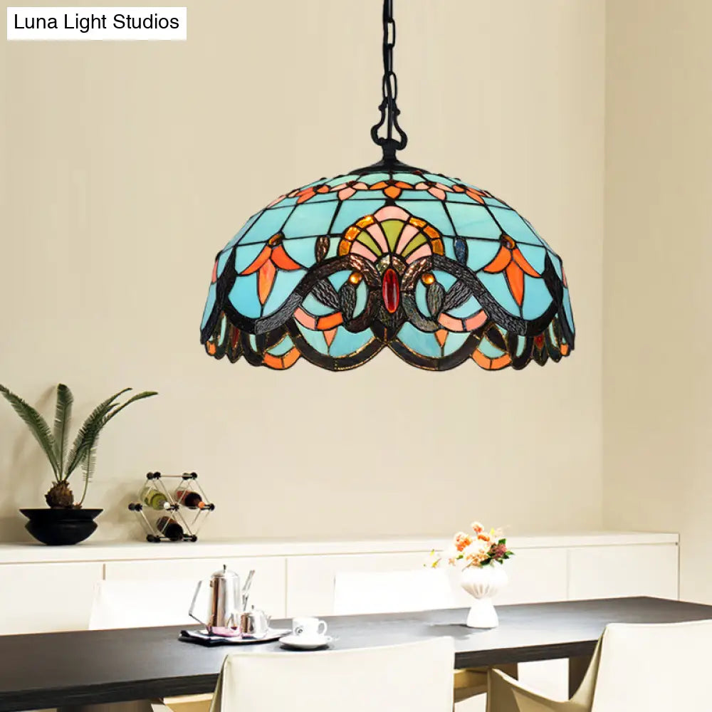 Blue Cut Glass Pendant Light Kit - 12"/16" W, Domed, 1 Light, Mediterranean Style