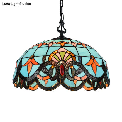 Blue Cut Glass Pendant Light Kit - 12"/16" W, Domed, 1 Light, Mediterranean Style