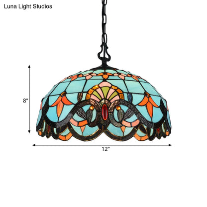 Blue Cut Glass Pendant Light Kit - 12"/16" W, Domed, 1 Light, Mediterranean Style