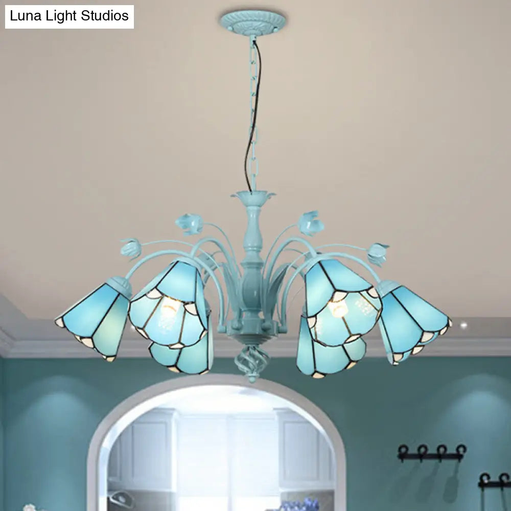 Blue/Dark Blue Conical Chandelier Pendant Light Stained Art Glass Baroque Hanging Lamp Kit - 3/6/8 Lights for Living Room