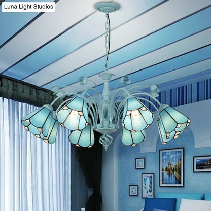 Blue/Dark Blue Conical Chandelier Pendant Light Stained Art Glass Baroque Hanging Lamp Kit - 3/6/8 Lights for Living Room