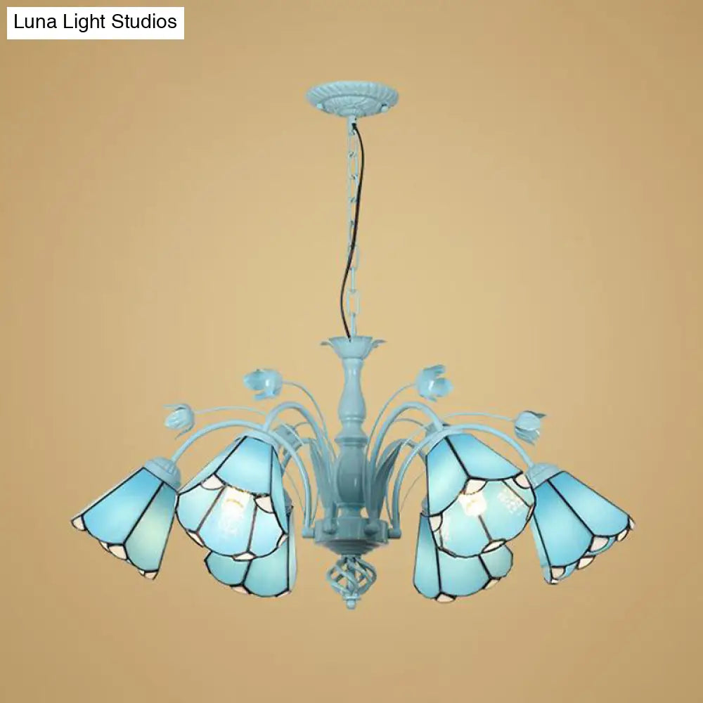 Blue/Dark Blue Conical Chandelier Pendant Light Stained Art Glass Baroque Hanging Lamp Kit - 3/6/8 Lights for Living Room